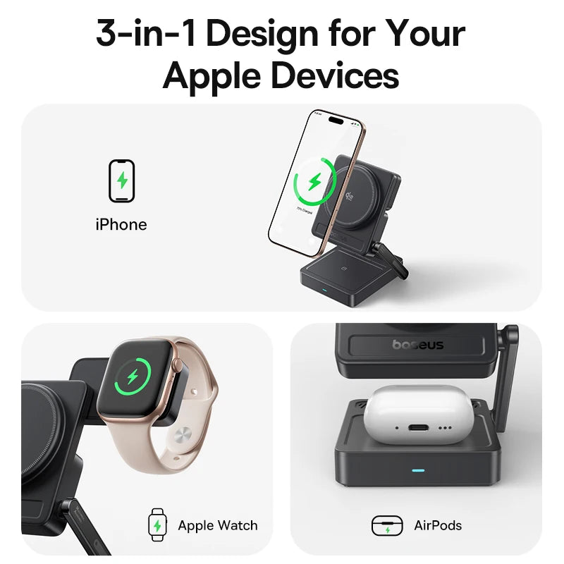Baseus 3-in-1 Magnetic Wireless Charger – Qi2 25W Fast Charging for iPhone, Apple Watch & AirPods