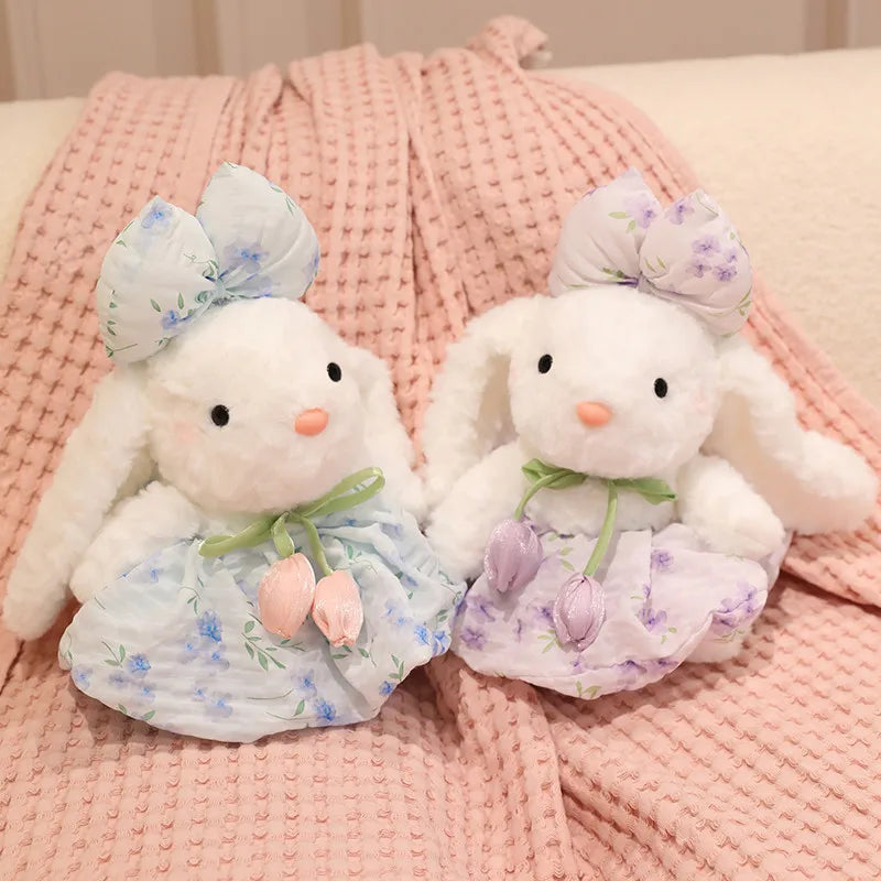 Lindo coelho de pelúcia, colorido, macio e fofo, com vestido de chiffon, boneca para acalmar e dormir, presente de aniversário.