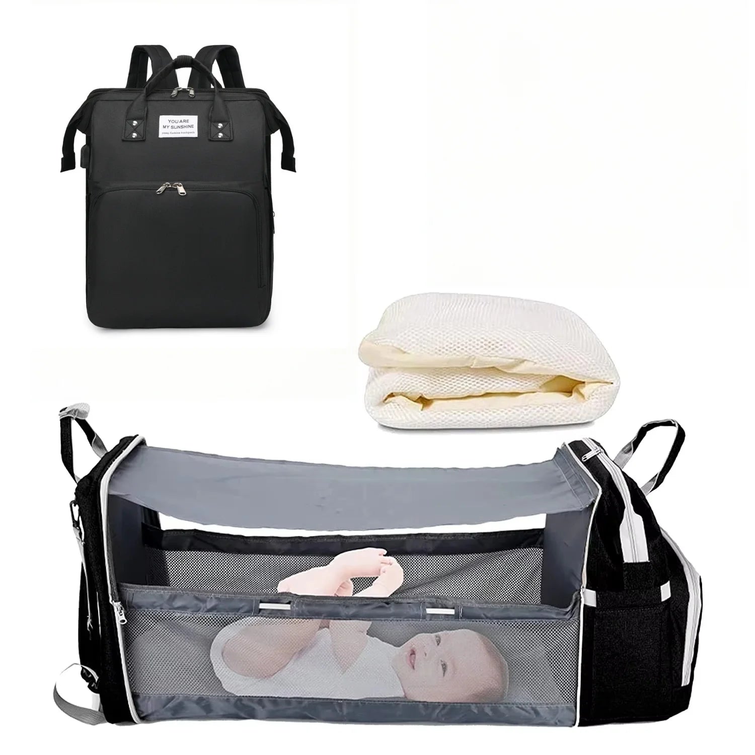 3-in-1 Diaper Bag Backpack – Foldable Baby Bed with USB Charging Port