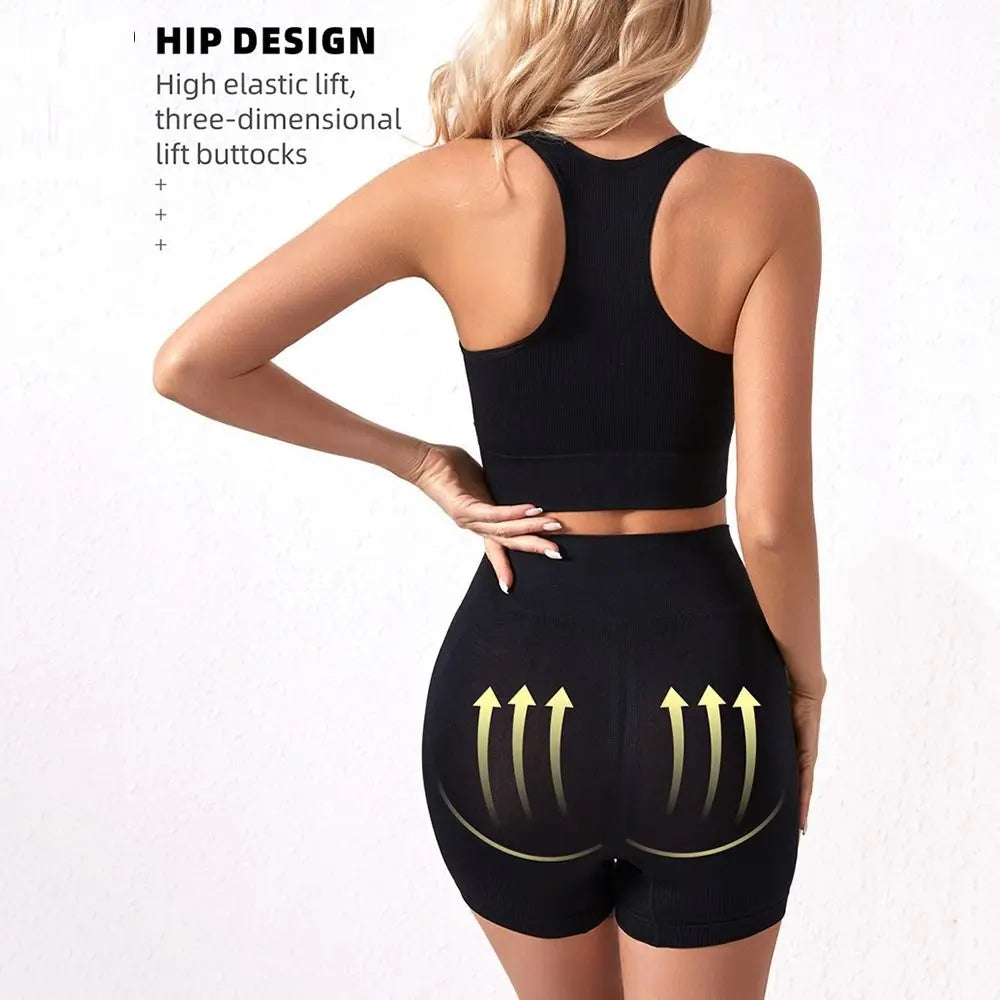 2 Pieces Seamless Workout Outfits High Waist Short Sport Bra Crop Matching Active Set Sleeveless Round Neck Tracksuit Exercise