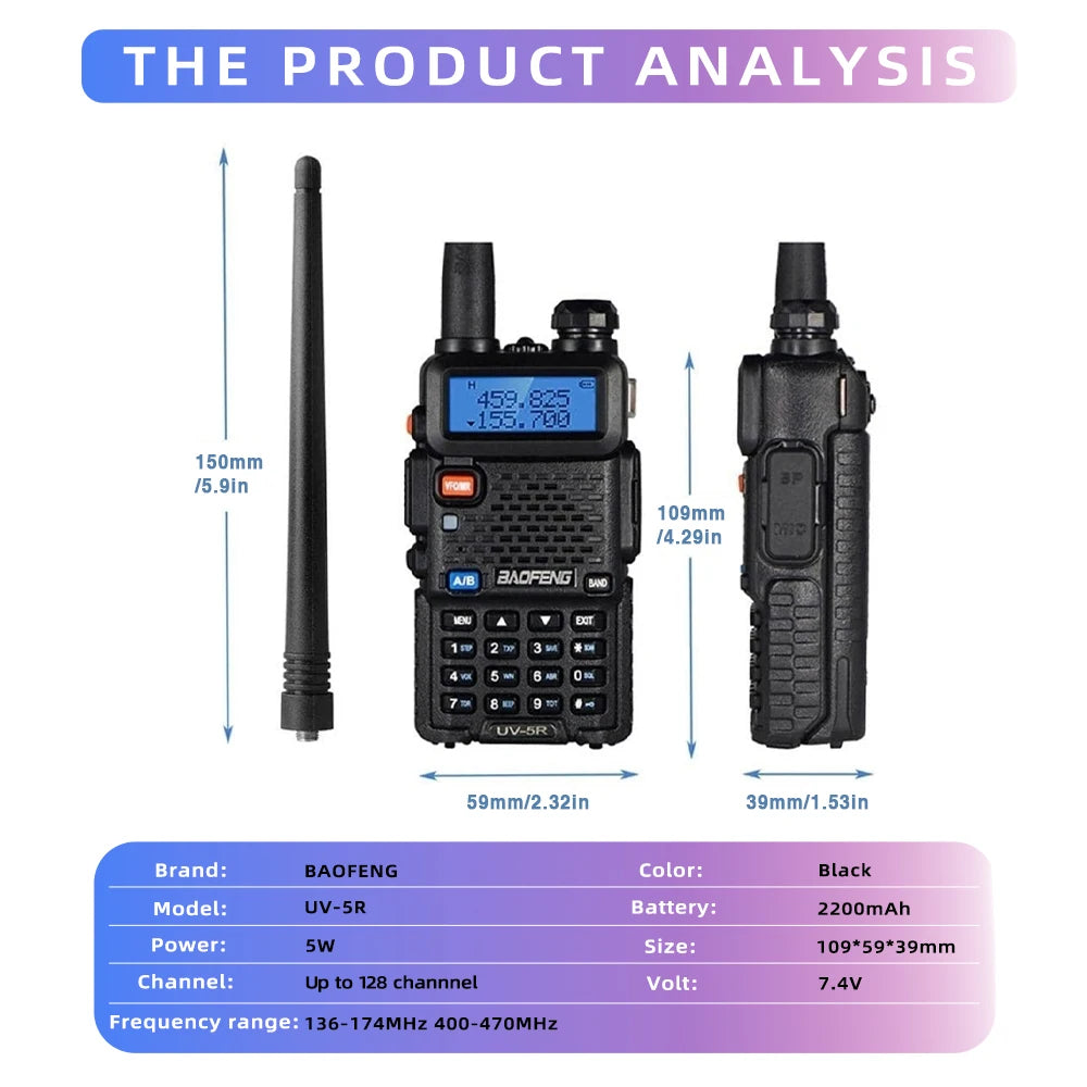 Rádio bidirecional Baofeng UV-5R - Rádio amador de banda dupla VHF/UHF com carregamento USB