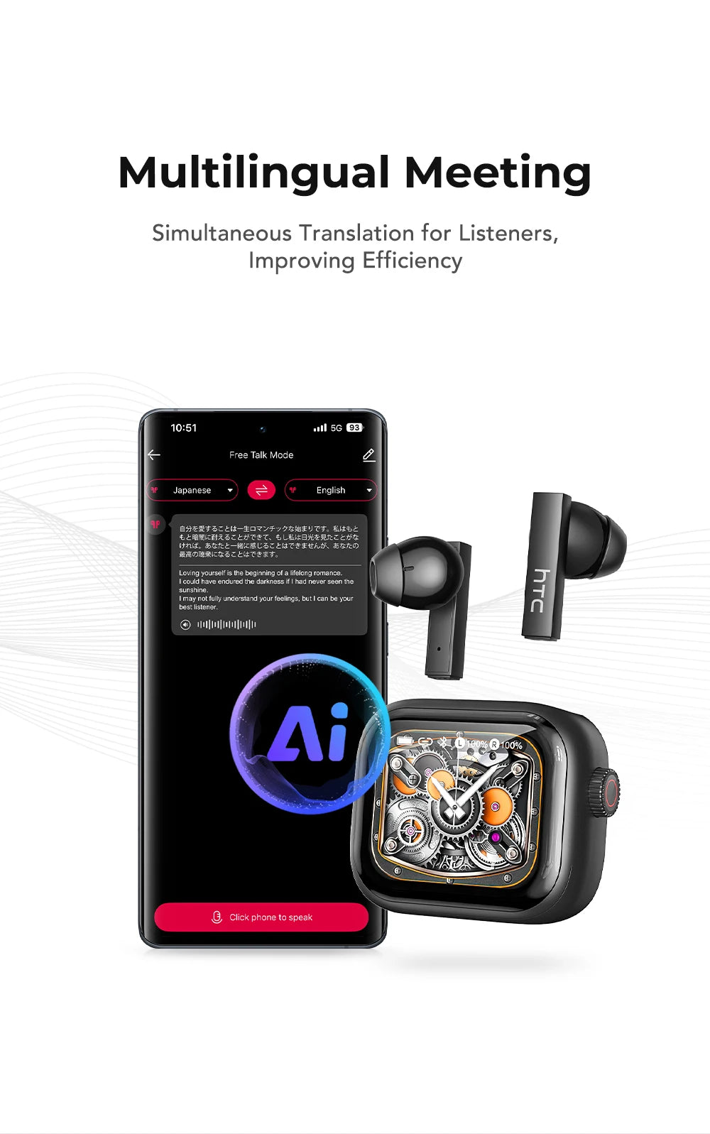 Fones de Ouvido Bluetooth HTC com Tradutor IA e Legendas HD - TWS Esportivo Sem Fio