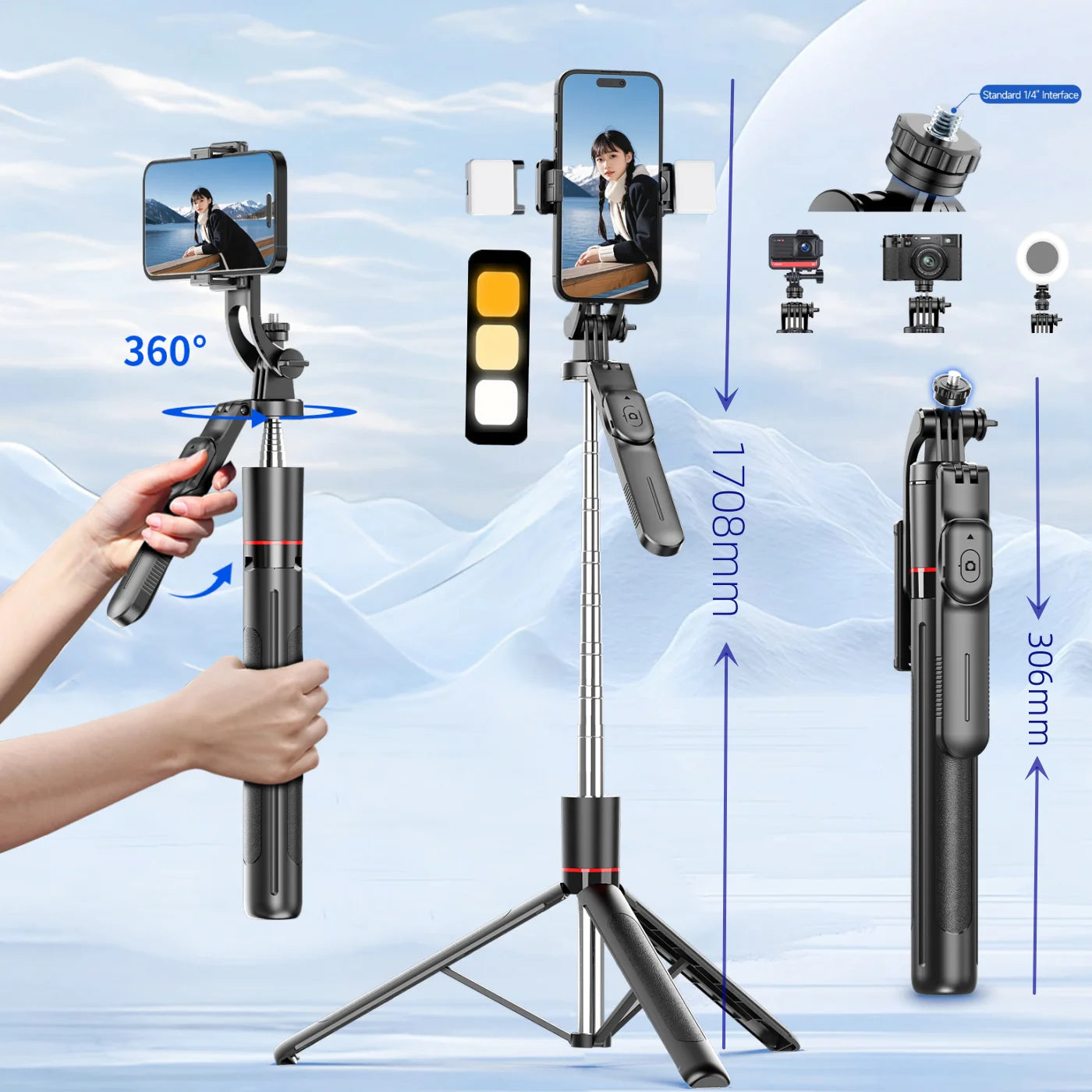 Selfie Stick Tripod with Fill Light – Bluetooth Remote